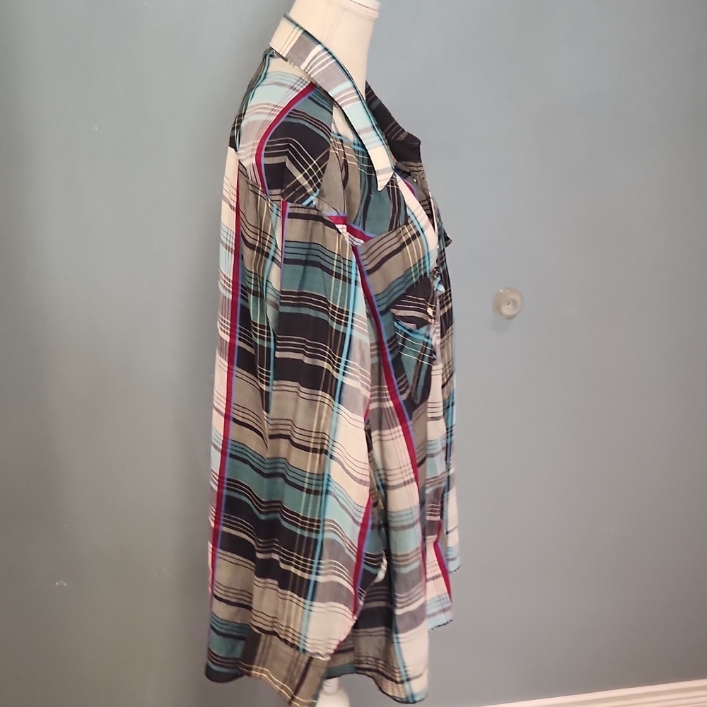 Vintage 80's Cowboy Cut Regular Fit X-long Tail Western Pearl Snaps Plaid Shirt - Picture 6 of 8